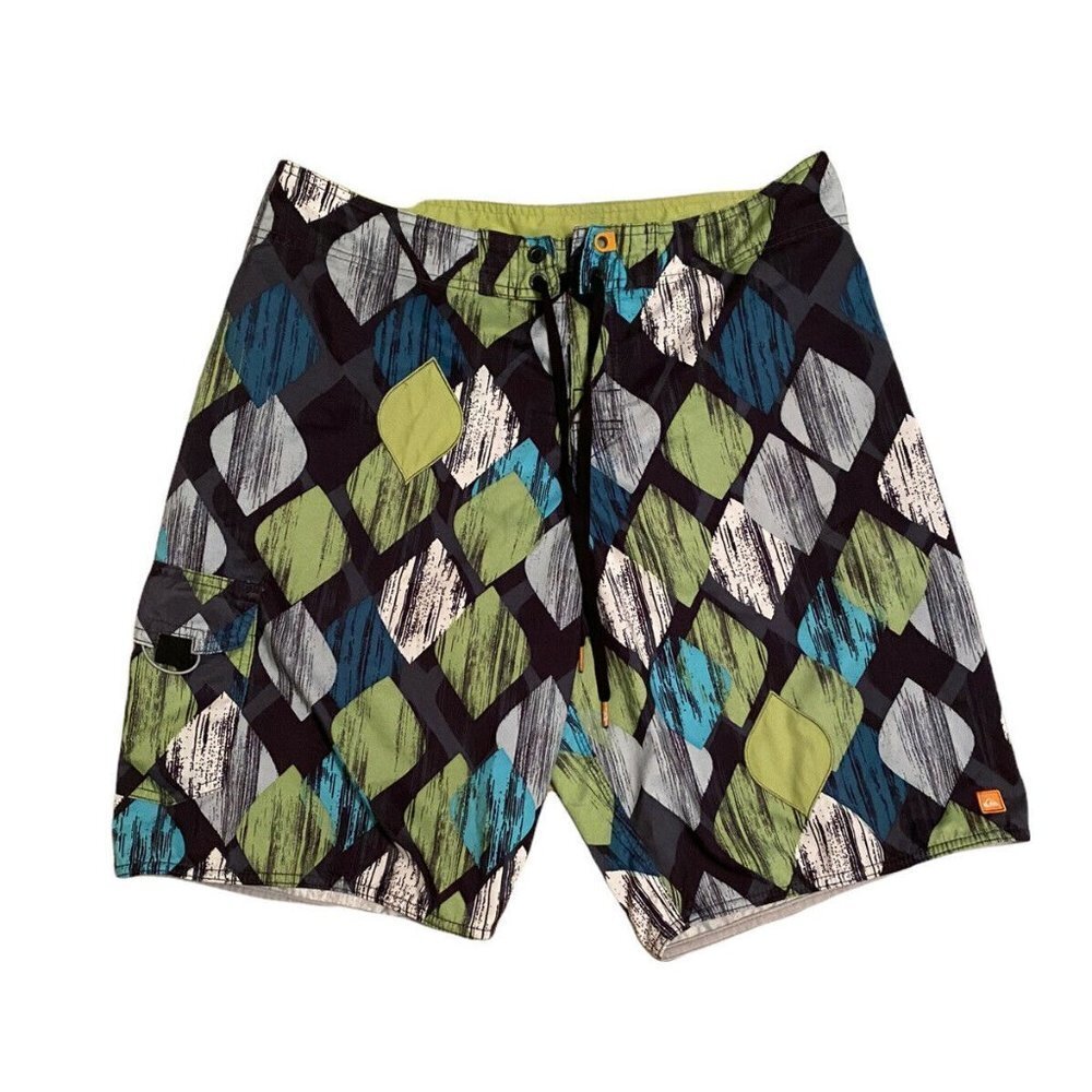 Mens Quiksilver Board Shorts Swim Surf Trunks Green Blue Teal Textured Size 34